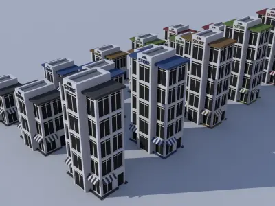 Cartoon Building Set Low Poly Building Commercial 24h Store Low-poly 3D model
