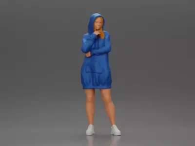 Hooded Woman Standing Thoughtfully Arm Crossed 3D print model