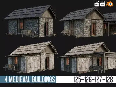 4 Old Medieval Building Pack 4K Textures GameReady 125 to 128 Low-poly 3D model