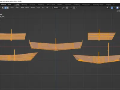 Wooden boats with separate oars Low-poly 3D model