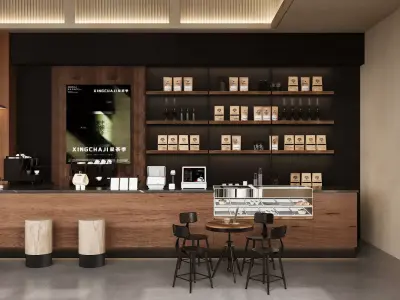 coffee shop blending industrial and wabi-sabi styles 3D model