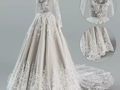 Wedding dress with train 3D model