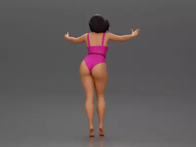 Woman with short black hair wearing pink swimsuit raising arms 3D print model