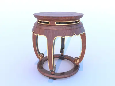 Black Lacquered Round Stool with Gilded Decoration 3D model