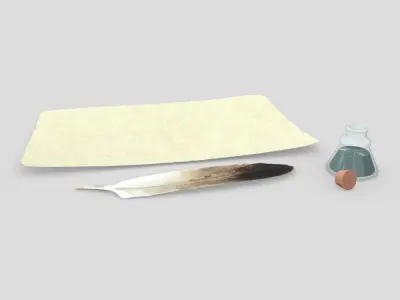 Quill Inkwell Parchment Low-poly 3D model