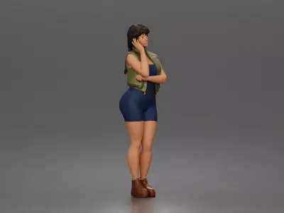 Thoughtful woman stands hand on cheek wearing vest shorts boots 3D print model