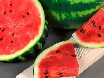Fresh Watermelon with Half and Cut Slice 3D model