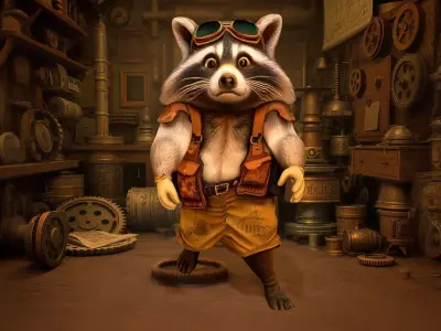 Raccoon Inventor in Steampunk Workshop Low-poly 3D model