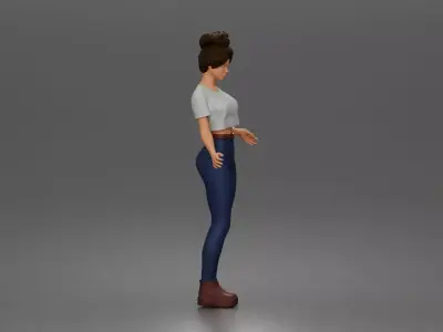 young woman standing pose in t-shirt jeans boots outfit 3D print model