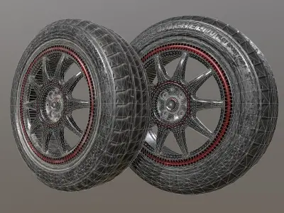Clean and worn 2 tires and rim collection game ready Low-poly 3D model