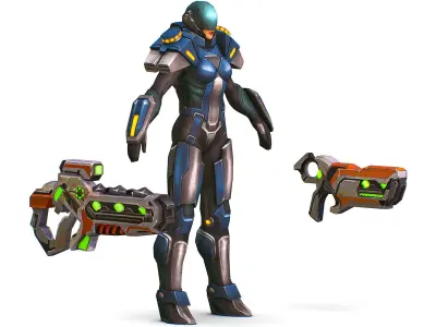 Woman Cyborg Soldier with Rifle and Pistol  Low-poly 3D model