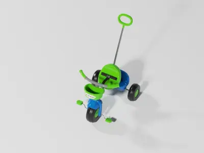 Blue and green plastic toy tricycle with handle for kids S Low-poly 3D model