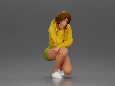 Performer crouching thoughtfully in jacket shorts white sneakers 3D print model