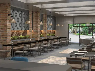 Industrial coffee bar restaurant interior design 3D model purchase