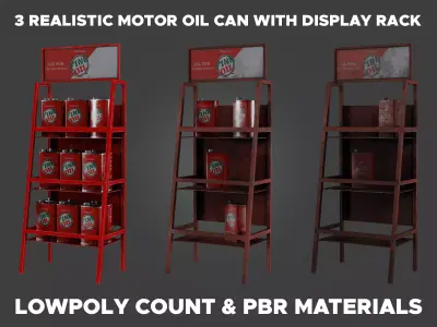 3 Realistic Motor Oil Display Racks with Oil Cans  3D Model Pack purchase
