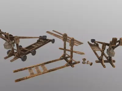 Low Poly Catapult wooden wheeled cart Low-poly 3D model
