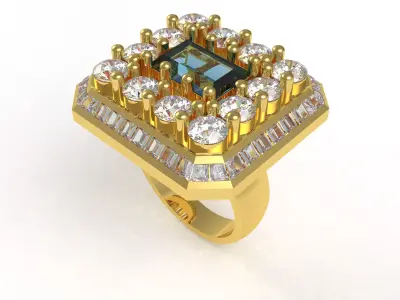Baguette Stone Round Diamond Halo Ring 3D print model