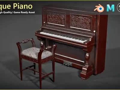 Antique Piano with Stool- Game Ready Low-poly 3D model