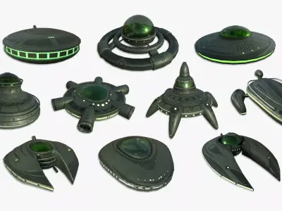 10 Alien Spaceships UFO Collection E Green - Spacecraft 3D Model Pack