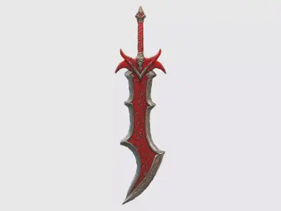 A red fantasy sword with a sharp blade and ornate hilt 3D model
