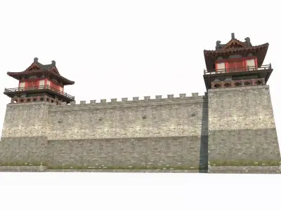 Ancient Asian architecture city wall corner tower 3D model