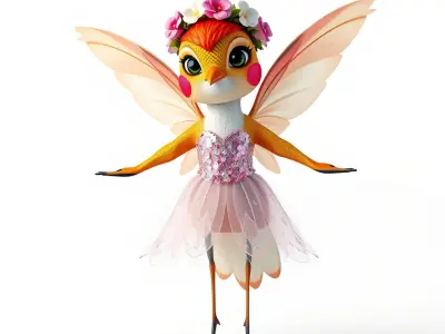Flower Fairy Bird with Wings and Pink Dress D Model Low-poly 3D model