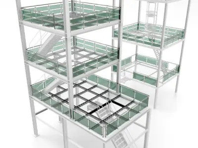 Platform 2 metal building with stairs and railings 3D model
