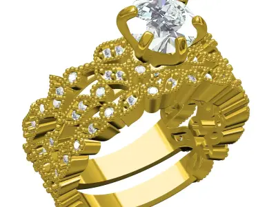 Antique Floral Design Solitaire Ring with Band 3D print model