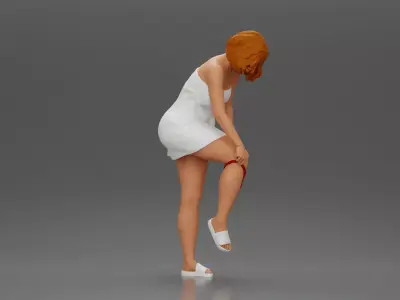 Woman in white towel lifting leg while putting on red underwear 3D print model