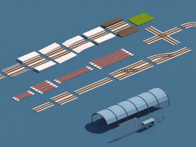Cartoon Low Poly Train Station Package Low-poly 3D model