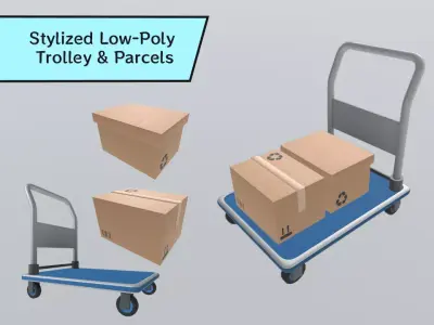 Stylized Low-Poly Hand Truck Trolley with Box Parcel Set Low-poly 3D model
