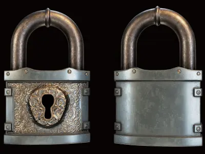 Fantasy Padlock with Key Low-poly 3D model