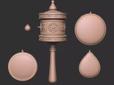 Tibetan-style prayer wheel and 3 types of ornaments 3D print model
