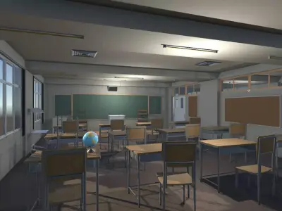 classroom with desks and chairs Low-poly 3D model
