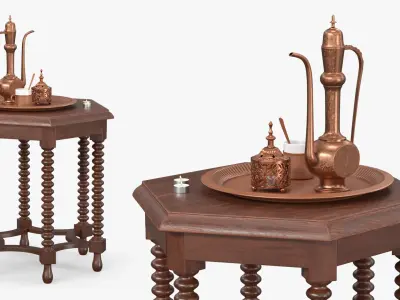 Vintage Arabic Bronze Coffee Service with Candles on Dark Wood Table 3D model