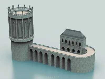 Medieval Watch Tower And Bridge Free low-poly 3D model