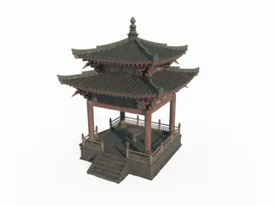 Two story pavilion with Asian ancient architectural landscape 3D model