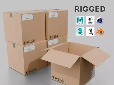 Cube Cardboard Box - Rigged and Fully Customizable Low-poly 3D model
