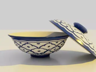 Thai Benjarong Blue and White Porcelain Lidded Bowl Low-poly 3D model