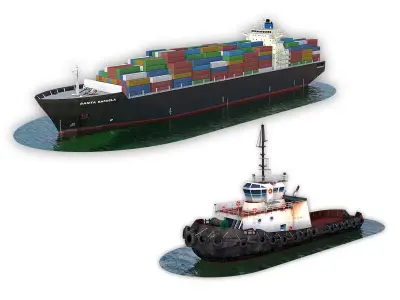 Cargo Ship and Tugboat 3D Model Pack