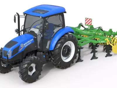New Holland WorkMaster Tractor and Hybrid Field Cultivator  Low-poly 3D model