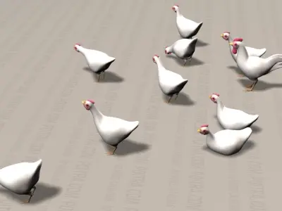 Chicken Ranch - Rooster and 9 Posed Hens - White  -  3D model
