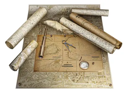 Vintage Map  with Tools  Pack   Low-poly 3D model