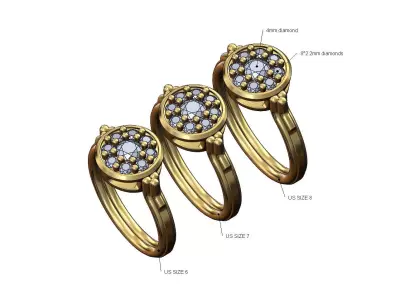 Round diamond cluster bead and rope ring US sizes 6 7 8 3D print model