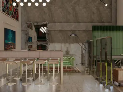 Industrial Tattoo Studio 3D Model with Eclectic Interior Design 3D model