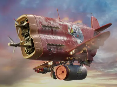 Airplane model steampunk flying in sky 3D model