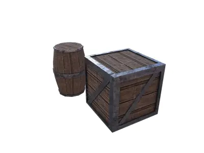 Wooden Box and Barrel Free low-poly 3D model