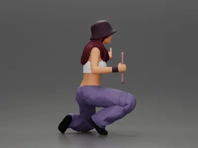 Girl wearing hat and pants sitting holding sign and hitchhiking 3D print model