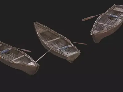 a small wooden boat with two oars 3D model