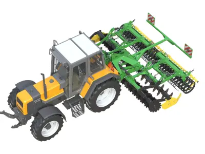 Renault 160-94 Tractor and Compact Disc Harrow Low-poly 3D model